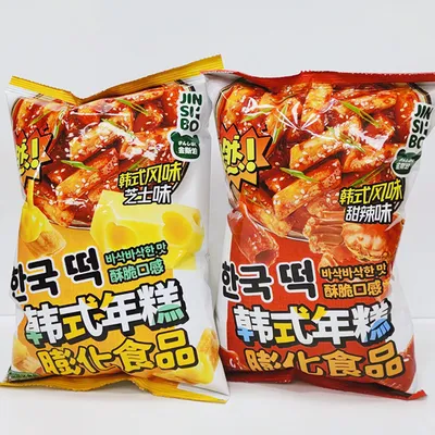 Jinsibo Korean Rice Cake 68g Cheese Flavor Crispy Puffed Wheat and Corn Snack Strips, Casual Craving Snack