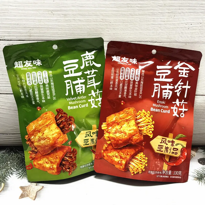 Hong Kong Brand Chaoyouwei Velvet Shank Mushroom Tofu Snack 100g Enoki Mushroom Dried Tofu Vegetarian Snack Wholesale Detail image2